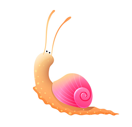 Cute Little Snail Crawling Carrying Pink Shell, character design for kids. Cute isolated character clipart for story book. Hand drawn vector clip art animal cartoon in watercolor style for children.