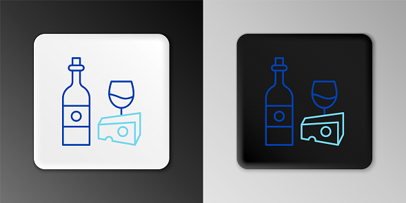 Line Wine bottle with glass and cheese icon isolated on grey background. Romantic dinner. Colorful outline concept. Vector.