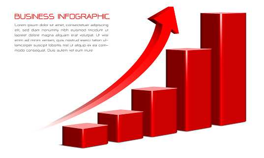 Vector of business red 3d infographic bar chart with arrow curve direction data report presentation on white background illustration.