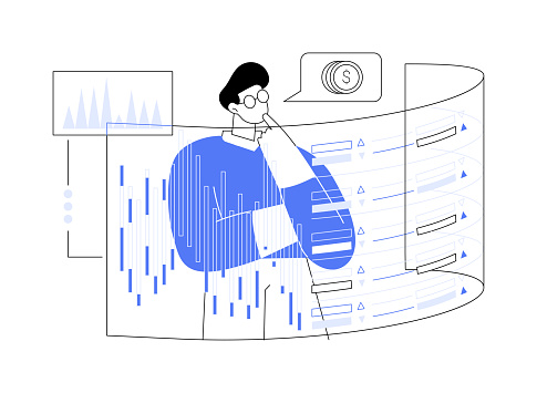 High-frequency trading abstract concept vector illustration. Confident trader monitoring numbers and graphs, analyze and act on data, algorithmic trading, quantum computing abstract metaphor.