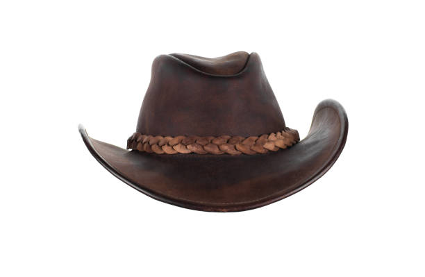 old leather brown cowboy hat isolated on white background - cowboy hat imagens e fotografias de stock