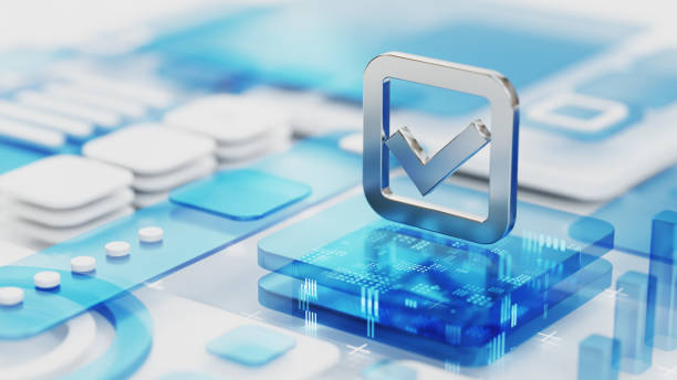 Check mark symbol surrounded holographic 3d elements Check mark symbol surrounded holographic 3d elements subscription stock pictures, royalty-free photos & images