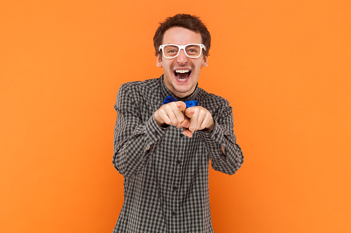 Good Nerd Man Nerd Laughs At Something Funny Points Directly Into Camera ...