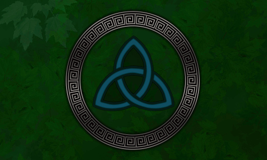 Trinity Celtic Knot on Green Leaves Forest Background with Round Frame. Irish Love Knot, Celtic Love Knot, Trinity Knot, ancient Celtic symbol, triquetra.