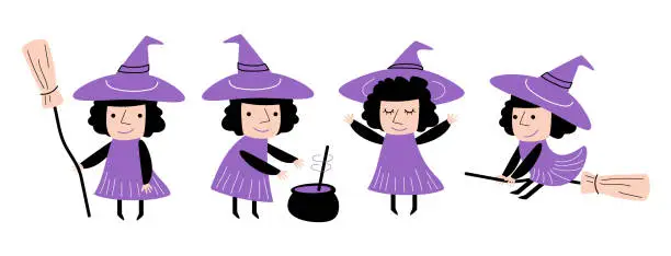 Vector illustration of Set of cute Witch . Halloween cartoon characters . Doodle drawing style . Vector.