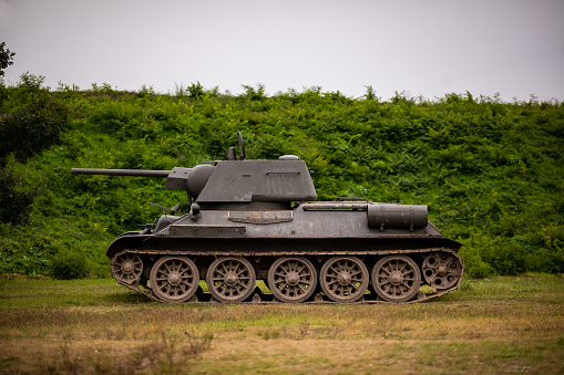 Komarom Hungary fort of Monostor Oct. 2, 22: a T-34 battle tank at a  World War II sean where the German Wehrmacht, SS Soldiers Fighting with invading Soviet red army forces. Free public event.