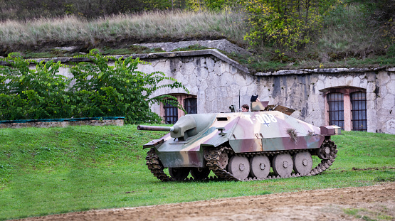 Komarom Hungary fort of Monostor Oct. 2, 22: German tank destroyer on a  simulated World War II moment where German Wehrmacht, SS Soldiers Fighting with invading Soviet red army forces. Free public event.