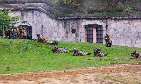 Komarom Hungary fort of Monostor Oct. 2, 22: Reenactors of the Russian Red Army  at World War II as they fight with the  German Wehrmacht, SS Soldiers Free public event.