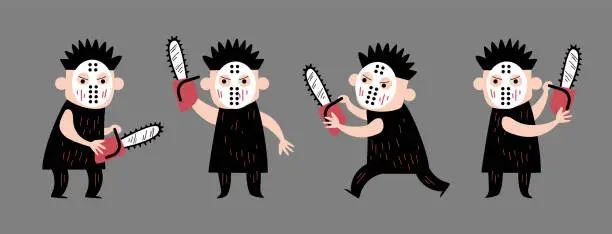 Vector illustration of Set of cute Murderer . Halloween cartoon characters . Doodle drawing style . Vector.