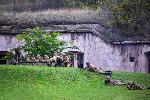 Komarom Hungary fort of Monostor Oct. 2, 22: Reenactors of the Russian Red Army  at World War II as they fight with the  German Wehrmacht, SS Soldiers Free public event.