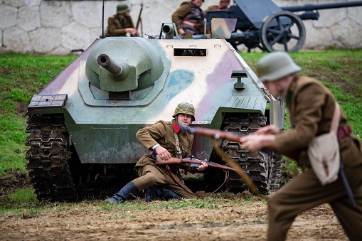 Komarom Hungary fort of Monostor Oct. 2, 22: German tank destroyer on a  simulated World War II moment where German Wehrmacht, SS Soldiers Fighting with invading Soviet red army forces. Free public event.
