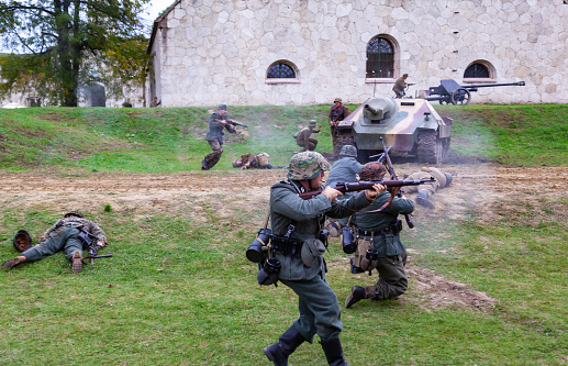 Komarom Hungary fort of Monostor Oct. 2, 22: Unidentified Reenactors World War II German Wehrmacht, SS Soldiers Fighting with invading Soviet red army soldiers. Free public event.