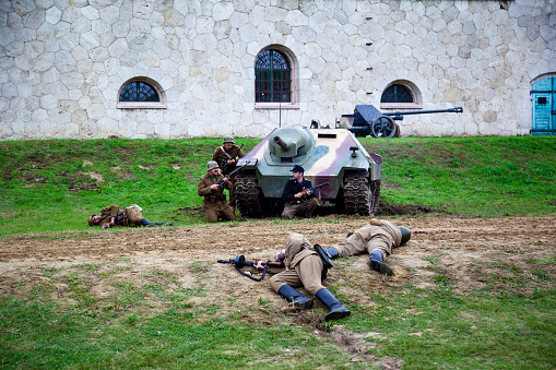 Komarom Hungary fort of Monostor Oct. 2, 22: Unidentified Reenactors World War II German Wehrmacht, SS Soldiers Fighting with invading Soviet red army soldiers. Free public event.