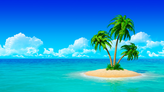 Desert tropical island with palm tree. Concept for rest, holidays, resort.
