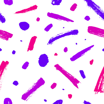 Multi colored doodle brush strokes and dots seamless pattern. Trendy design with basic shapes. Simple colorful party confetti texture, childish background. Scribble brush strokes vector background.
