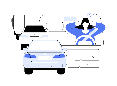 Traffic jam abstract concept vector illustration. Upset woman disappointed because of traffic jam, personal transport, car stuck, ground transportation, feeling tired abstract metaphor.