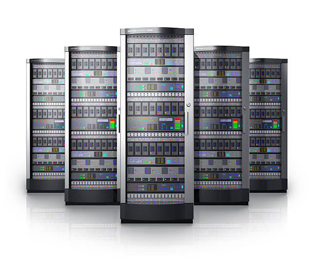 fila di server di rete nel data center - network server tower rack computer foto e immagini stock