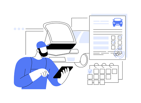 Annual vehicle inspection abstract concept vector illustration. Repairman holds vehicle inspection checklist, personal transport maintenance, car diagnostics service abstract metaphor.