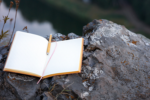 an open red paper notebook with a gold fountain pen on a stone, outdoors in the summer. record impressions