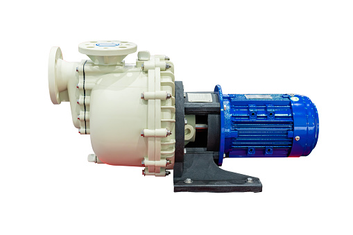 plastic centrifugal pump assembly electric motor for conveying or supply chemical solution or etc. in industrial isolated on white with clipping path
