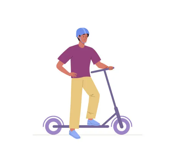 Vector illustration of Young smiling man standing with electric scooter in helmet. Driving Eco transport. Sports outdoor activity