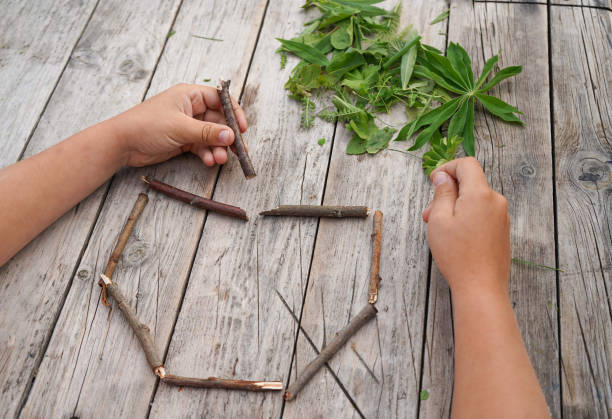Summer crafts apple made from green leaves and dry sticks. DIY. The development of imagination. step by step