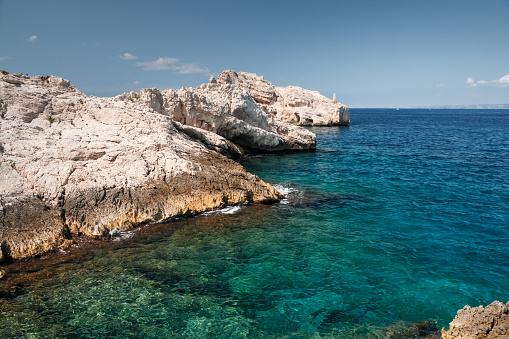 Frioul island with its calanques and creeks, it is a beautiful natural landmark. Taken in Marseille city, on the Mediterranean coast of Provence, in the department of Bouches-du-Rhone, in Provence-Alpes-Cote d'Azur region in France, Europe in a summer sunny day.