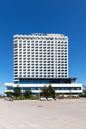 Rostock, Germany - June 15, 2020: Hotel Neptun, a 5-star hotel which opened in 1971, located directly on the beach of the Baltic Sea