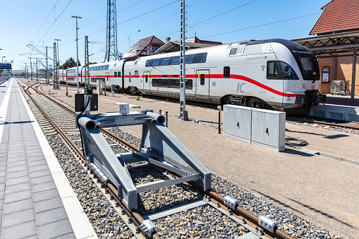 Rostock, Germany - June 15, 2020: bileveled Stadler KISS DB Intercity 2 train at Warnemünde station