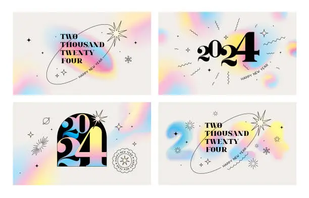 Vector illustration of Happy New Year 2024 greetings set