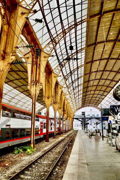 Gare de Nice, the central train station in Nice, France an intricate steel and glass structure.