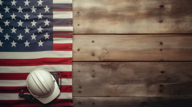 istock 3D computer graphic illustration of Labor Day Tribute: Helmet with American Flag 1631921059