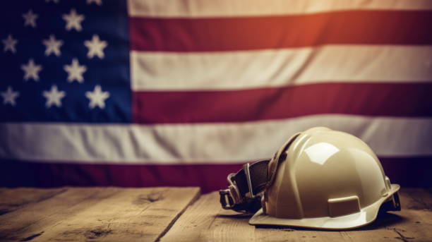 istock 3D computer graphic illustration of Labor Day Tribute: Helmet with American Flag 1631921073