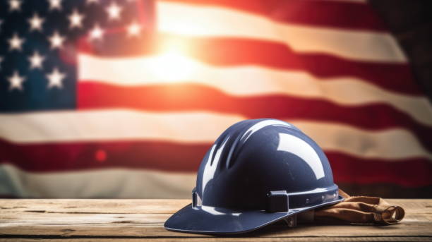 istock 3D computer graphic illustration of Labor Day Tribute: Helmet with American Flag 1631921078