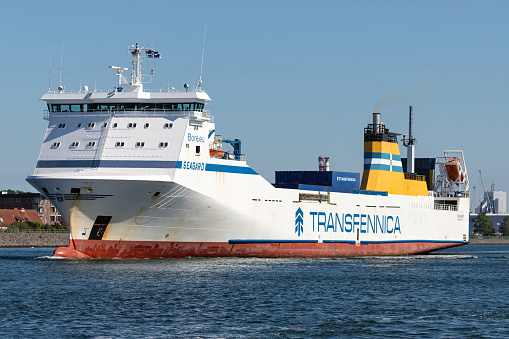 Rostock, Germany - June 14, 2020: ro-ro cargo vessel Seagard outbound Rostock