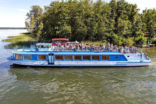 Plau am See, Germany - June 16, 2020: excursion boat Seelust of Fahrgastschifffahrt Wichmann on sightseeing tour