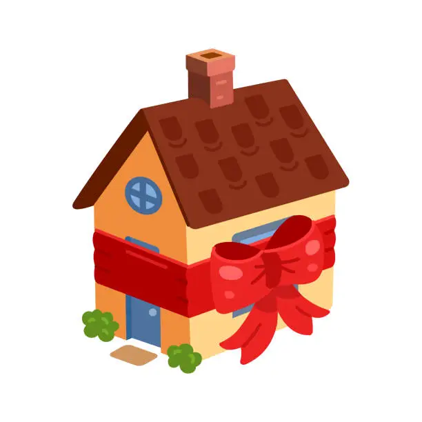 Vector illustration of A house tied with a red ribbon as a gift. The prize is home. Vector isometric illustration