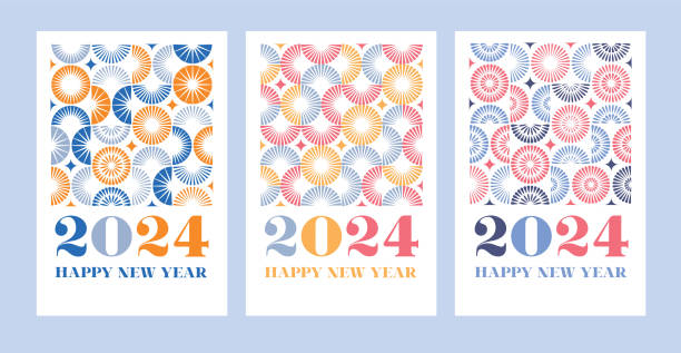 stockillustraties, clipart, cartoons en iconen met happy new year 2024 with geometric fireworks - nieuwjaarskaart 2024