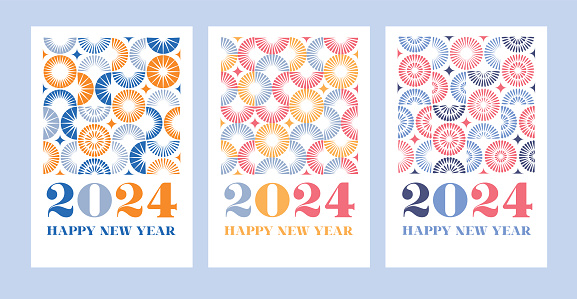 New Year greeting cards with modern geometric semi circle pattern. Editable vectors on layers.