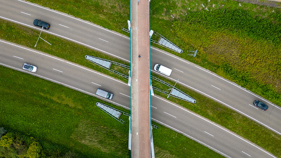 Aerial view of a multi-level highway and bicycle bridge transition at Amersfoort, The Netherlands