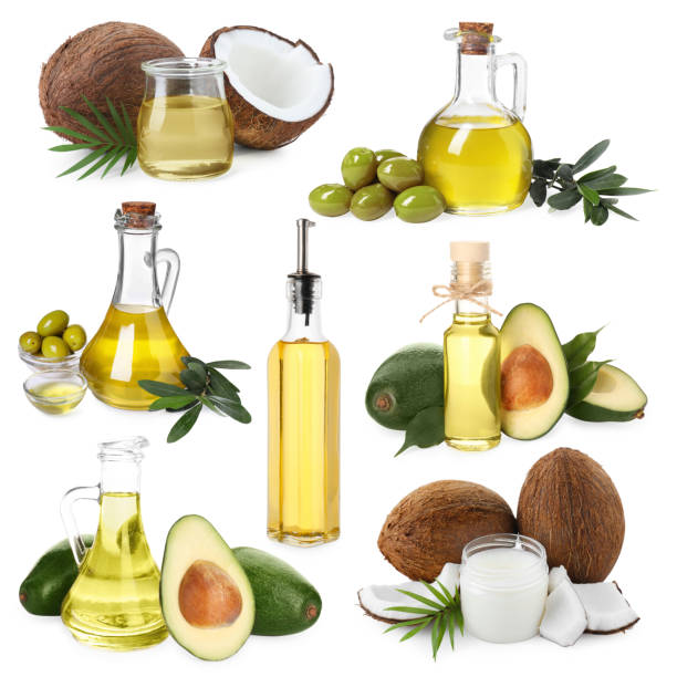 istock Collage with sunflower, avocado, coconut and olive oils isolated on white 1631950922