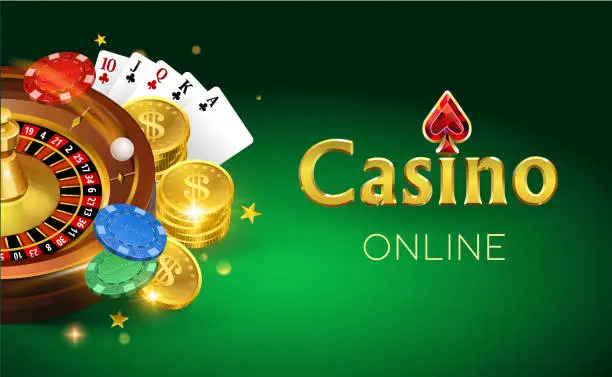Vector illustration of Casino on a green background. Gold coins, cards, roulette and chips. Vector illustration