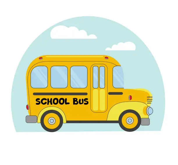 Vector illustration of Cartoon yellow school bus. Back to school concept. Cheerful school bus. Vector illustration on a theme 