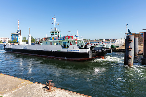 Rostock, Germany - June 14, 2020: Warnow ferry Breitling in service between Warnemünde and Hohe Düne