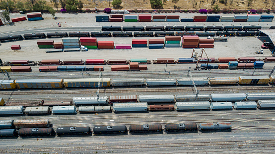 Aerial view of freight trains