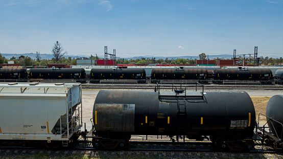 Every car is visible in this long freight train outside Albuquerque, New Mexico, seen from the Amtrak train Southwest Chief.