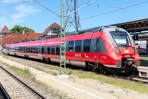 Rostock, Germany - June 14, 2020: DB Regio Bombardier Talent 2 train at Warnemünde station
