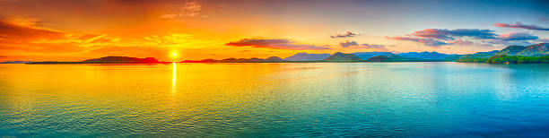 panorama du coucher du soleil - beach sunset sea sunrise photos et images de collection