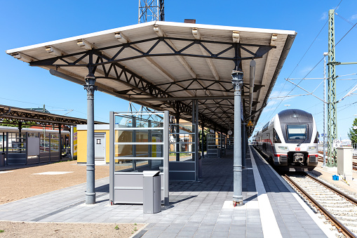 Rostock, Germany - June 14, 2020: bileveled Stadler KISS DB Intercity 2 train at Warnemünde station