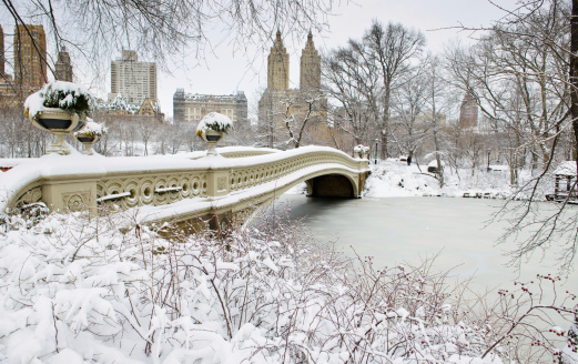Beautiful snow blanketing the Bow Bridge in Central Park, New York City